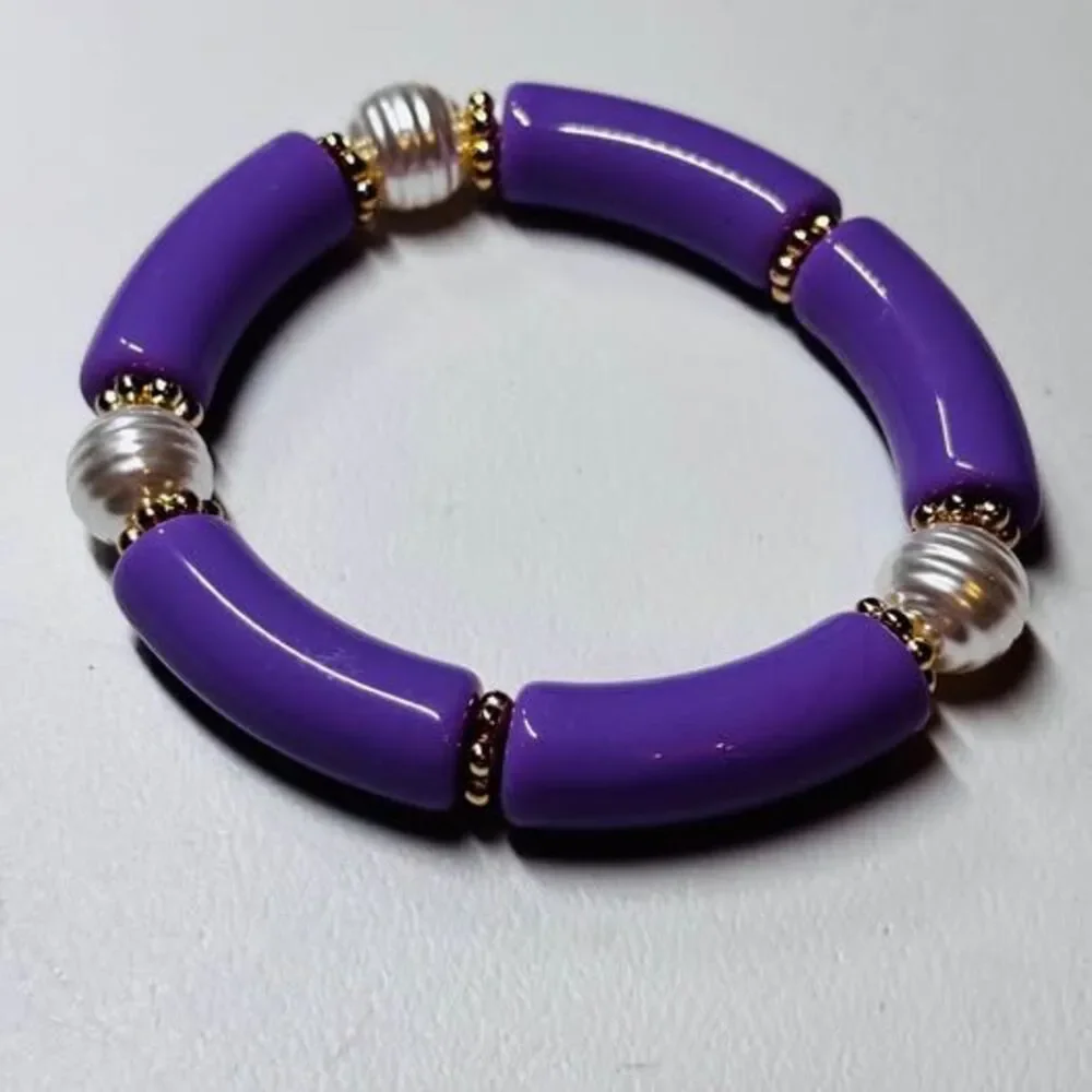 Chunky Purple & Gold Acrylic Bamboo Tube Stretch Bracelet Stack
